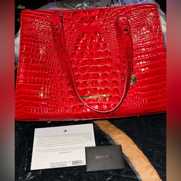 Brahmin Handbags - Used Once Brahmin Anywhere Melbourne Embossed Leather Tote Color:Red Carnation